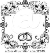 Vector Illustration of Black and White Border or Wedding Invitation with Rings and Hibiscus Flowers by AtStockIllustration