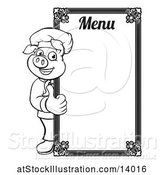 Vector Illustration of Black and White Chef Pig Giving a Thumb up Around a Menu Board by AtStockIllustration