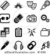 Vector Illustration of Black and White Credit Card, Masks, Microphone, Connection, Cellphone, Camera, Cogs, Pictures, Clipboard, Communications Tower, Files, Pen, Headphones, Padlock and Speaker Icons on a White Background by AtStockIllustration
