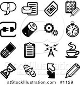 Vector Illustration of Black and White Exclamation Point, Letter, Calendar, Connection, Battery, Gears, Stopwatch, Cellphone, Clipboard, Communications Tower, Java, Hourglass, Bell, Arrows and Pencil Icons on a White Background by AtStockIllustration