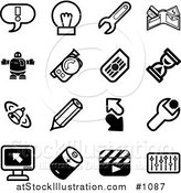 Vector Illustration of Black and White Exclamation Point, Lightbulb, Wrench, Wallet, Robot, Camera, Hourglass, Bell, Pencil, Arrows, Computer, Battery, Clapboard, and Equalizer Icons on a White Background by AtStockIllustration