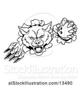 Vector Illustration of Black and White Ferocious Wolf Slashing Through a Wall with a Bowling Ball by AtStockIllustration
