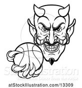Vector Illustration of Black and White Grinning Evil Devil Holding out a Basketball in a Clawed Hand by AtStockIllustration