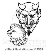 Vector Illustration of Black and White Grinning Evil Devil Holding out a Football in a Clawed Hand by AtStockIllustration