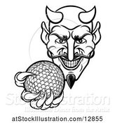 Vector Illustration of Black and White Grinning Evil Devil Holding out a Golf Ball in a Clawed Hand by AtStockIllustration