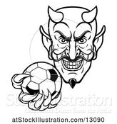 Vector Illustration of Black and White Grinning Evil Devil Holding out a Soccer Ball in a Clawed Hand by AtStockIllustration