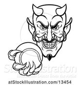 Vector Illustration of Black and White Grinning Evil Devil Holding out a Tennis Ball in a Clawed Hand by AtStockIllustration