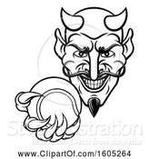 Vector Illustration of Black and White Grinning Evil Devil Holding out a Tennis Ball in a Clawed Hand by AtStockIllustration