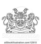 Vector Illustration of Black and White Heraldic Lions Coat of Arms Crest with a Knights Great Helm Helmet by AtStockIllustration