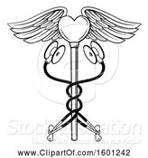 Vector Illustration of Black and White Medical Caduceus with Stethoscopes and a Winged Heart by AtStockIllustration