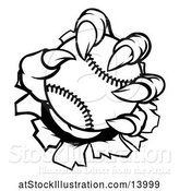 Vector Illustration of Black and White Monster Claw Holding a Baseball and Ripping Through a Wall by AtStockIllustration