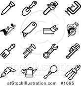 Vector Illustration of Black and White Nail, Shovel, Saw, Clasp, Razor, Rake, Wrench, Drill, Oil Can, Screwdriver and Pliers Tools Icons on a White Background by AtStockIllustration