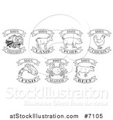 Vector Illustration of Black and White One Hundred Percent Vegetarian, Lamb, Pork, Chicken, Fish, Seafood and Beef Labels by AtStockIllustration