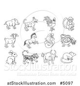 Vector Illustration of Black and White Outlined Chinese Zodiac Animals by AtStockIllustration