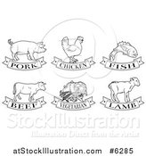 Vector Illustration of Black and White Pork, Chicken, Fish, Beef, Vegetarian and Lamb Animal and Food Designs by AtStockIllustration