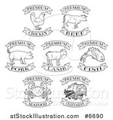 Vector Illustration of Black and White Premium Chicken, Beef, Pork, Lamb, Fish, Seafood and Vegetarian Food Labels by AtStockIllustration