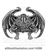 Vector Illustration of Black and White Retro Woodcut Cthulhu Octopus Monster with Wings by AtStockIllustration