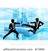 Vector Illustration of Black and White Silhouetted Business Men Fighting over Blocks on Blue by AtStockIllustration
