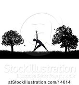 Vector Illustration of Black and White Silhouetted Lady in a Pilates Pose in a Park by AtStockIllustration