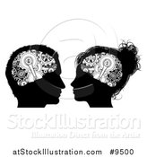 Vector Illustration of Black and White Silhouetted Male and Female Heads with Visible Gear Cogs in Their Brains by AtStockIllustration