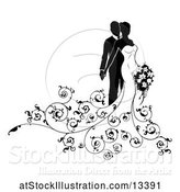 Vector Illustration of Black and White Silhouetted Posing Wedding Bride and Groom with a Bouquet by AtStockIllustration