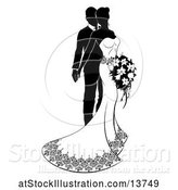 Vector Illustration of Black and White Silhouetted Posing Wedding Bride and Groom with a Bouquet by AtStockIllustration