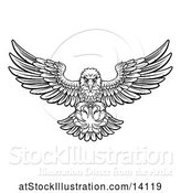 Vector Illustration of Black and White Swooping American Bald Eagle with a Baseball in His Talons by AtStockIllustration