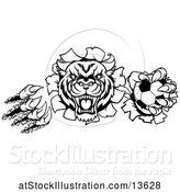 Vector Illustration of Black and White Tiger Shredding Through a Wall with a Soccer Ball in One Hand by AtStockIllustration