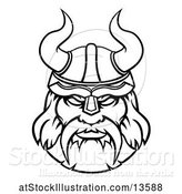 Vector Illustration of Black and White Tough Male Viking Warrior Face Wearing a Horned Helmet by AtStockIllustration