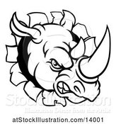 Vector Illustration of Black and White Tough Rhinoceros Sports Mascot Head Breaking Through a Wall by AtStockIllustration