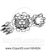 Vector Illustration of Black and White Vicious Bobcat Lynx Wildcat Mascot Breaking Through a Wall with a Cricket Ball by AtStockIllustration