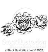 Vector Illustration of Black and White Vicious Roaring Panther Mascot Shredding Through a Wall by AtStockIllustration