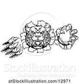 Vector Illustration of Black and White Vicious Wildcat Mascot Breaking Through a Wall with a Football by AtStockIllustration
