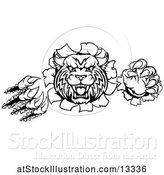 Vector Illustration of Black and White Vicious Wildcat Mascot Shredding Through a Wall by AtStockIllustration