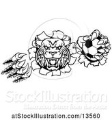 Vector Illustration of Black and White Vicious Wildcat Mascot Shredding Through a Wall with a Soccer Ball by AtStockIllustration