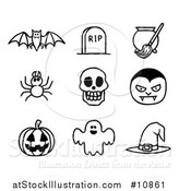 Vector Illustration of Black and White Watercolor Styled Halloween Icons by AtStockIllustration