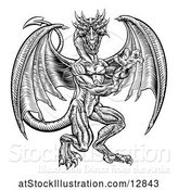 Vector Illustration of Black and White Woodcut Dragon by AtStockIllustration