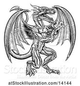 Vector Illustration of Black and White Woodcut Dragon by AtStockIllustration