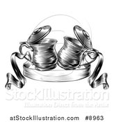 Vector Illustration of Black and White Woodcut or Engraved Beer Steins or Tankards Chinking Together in a Toast over a Ribbon Banner by AtStockIllustration