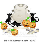 Vector Illustration of Black Cats and Halloween Pumpkins Around a Shield and Banner by AtStockIllustration