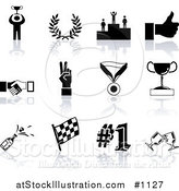 Vector Illustration of Black Champion, Laurel, Winner, Thumbs Up, Handshake, Peace Gesture, Medal, Trophy, Champagne, Flag, Number 1 and Toasting Wine Glasses Sports Icons on a White Background by AtStockIllustration