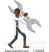 Vector Illustration of Black Doctor Guy Holding Spanner Wrench Mascot by AtStockIllustration