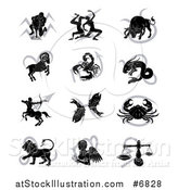 Vector Illustration of Black Silhouetted Astrology Zodiac Animals and Gray Symbols| Royalty Free Vector Illustration by AtStockIllustration