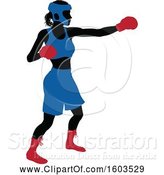 Vector Illustration of Black Silhouetted Female Boxer Fighter in a Blue Uniform with Red Shoes and Gloves by AtStockIllustration