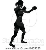 Vector Illustration of Black Silhouetted Female Boxer Fighter Wearing Safety Head Gear by AtStockIllustration
