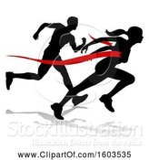 Vector Illustration of Black Silhouetted Female Runner Breaking Through a Red Finish Line and Competing with a Guy, with a Shadow by AtStockIllustration