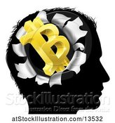 Vector Illustration of Black Silhouetted Guy's Head with a 3d Gold Bitcoin Symbol Breaking Out, Thinking About Money by AtStockIllustration