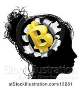 Vector Illustration of Black Silhouetted Lady's Head with a 3d Gold Bitcoin Symbol Breaking Out, Thinking About Money by AtStockIllustration