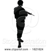 Vector Illustration of Black Silhouetted Male Armed Soldier by AtStockIllustration