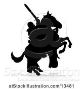 Vector Illustration of Black Silhouetted Medieval Knight on a Rearing Horse, with a Shadow on a White Background by AtStockIllustration